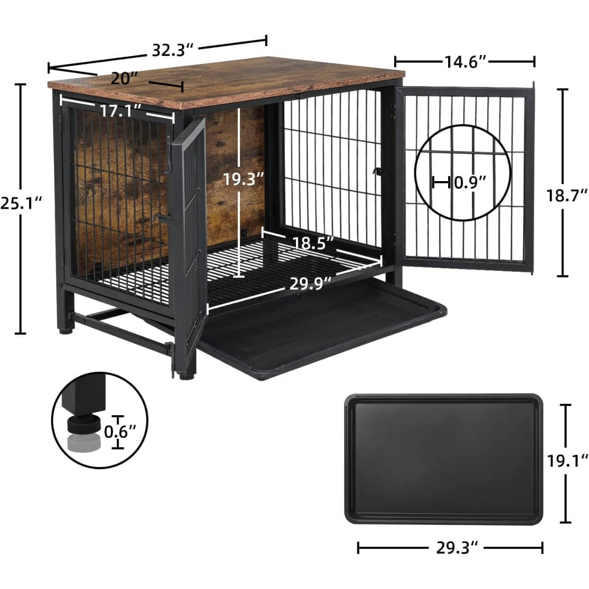 Size of medium wooden dog crate furniture with tray 