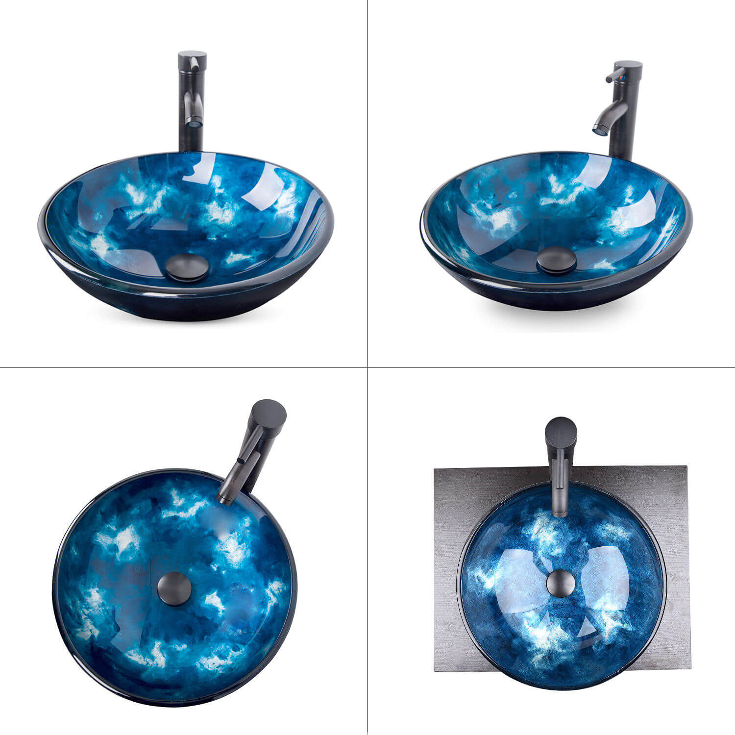 4 angle views of Elecwish ocean blue glass sink