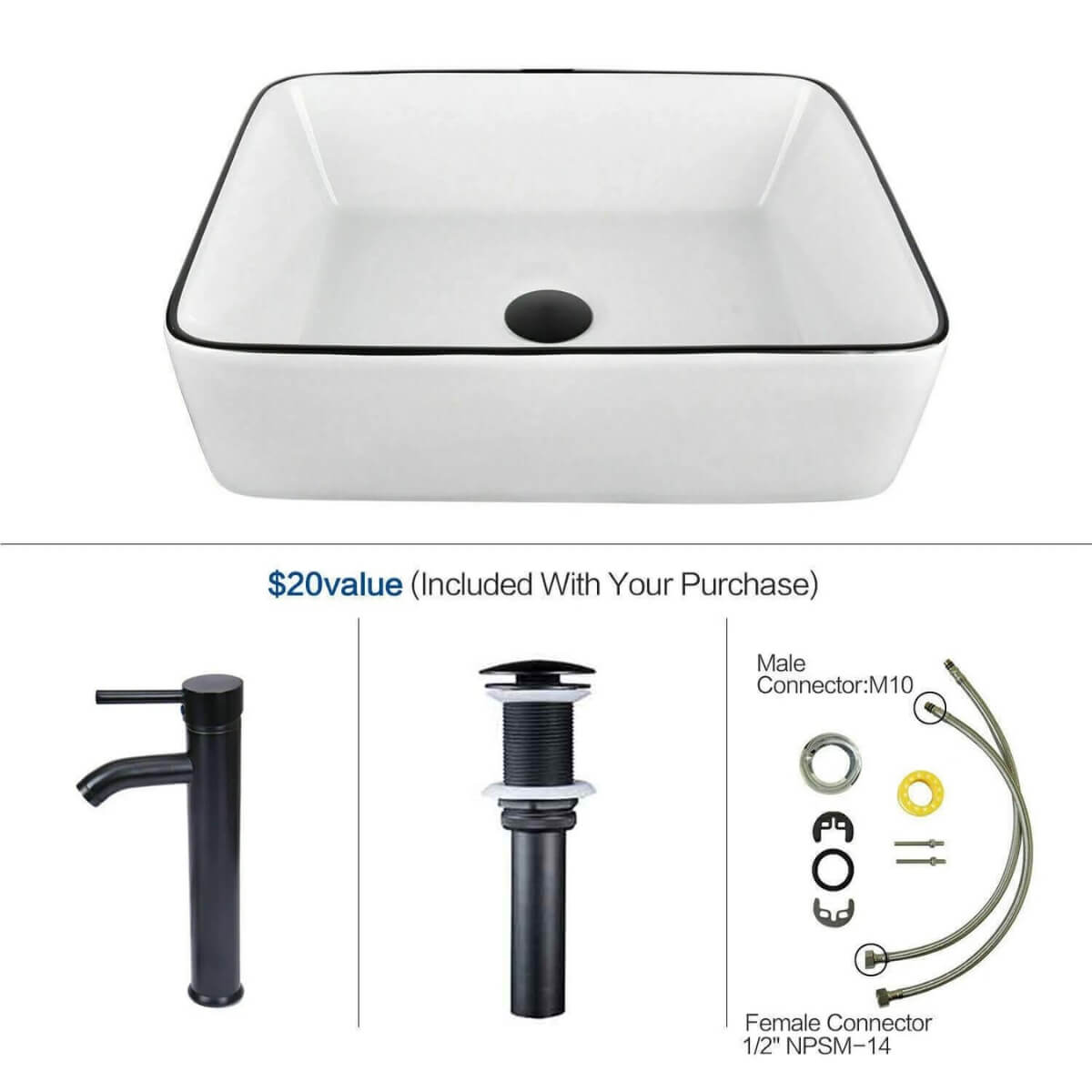 Elecwish white rectangular ceramic vessel sink set includes faucet, drainer and small accessories