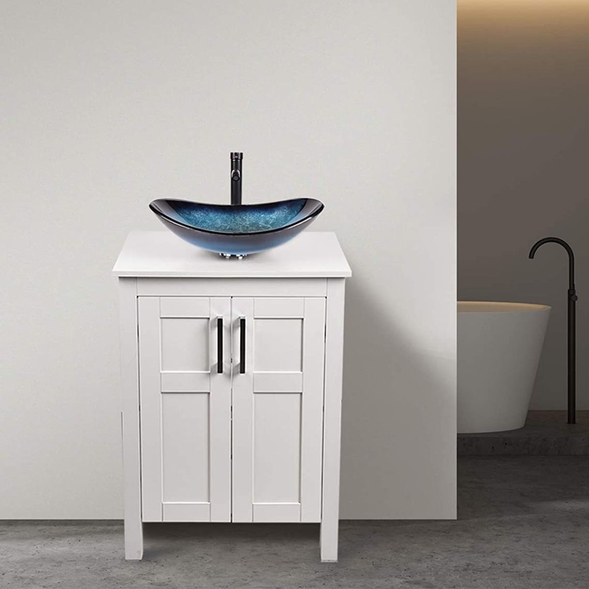 Elecwish White Bathroom Vanity and Blue Boat Sink Set HW1120-WH display scene