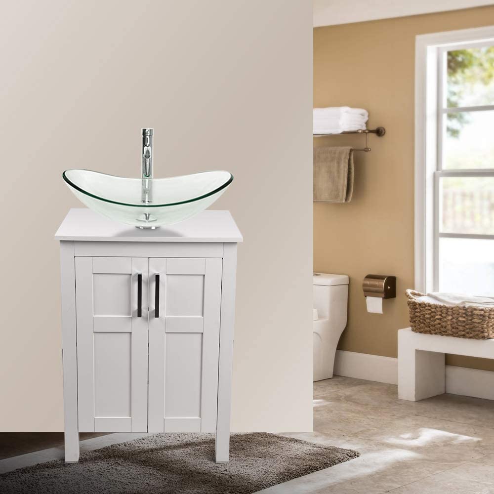 Elecwish White Bathroom Vanity and Clear Boat Sink Set HW1120-WH display scene