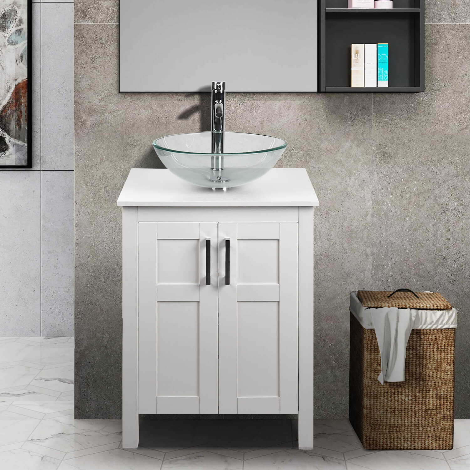 Elecwish White Bathroom Vanity and Clear Glass Sink Set HW1120-WH display scene