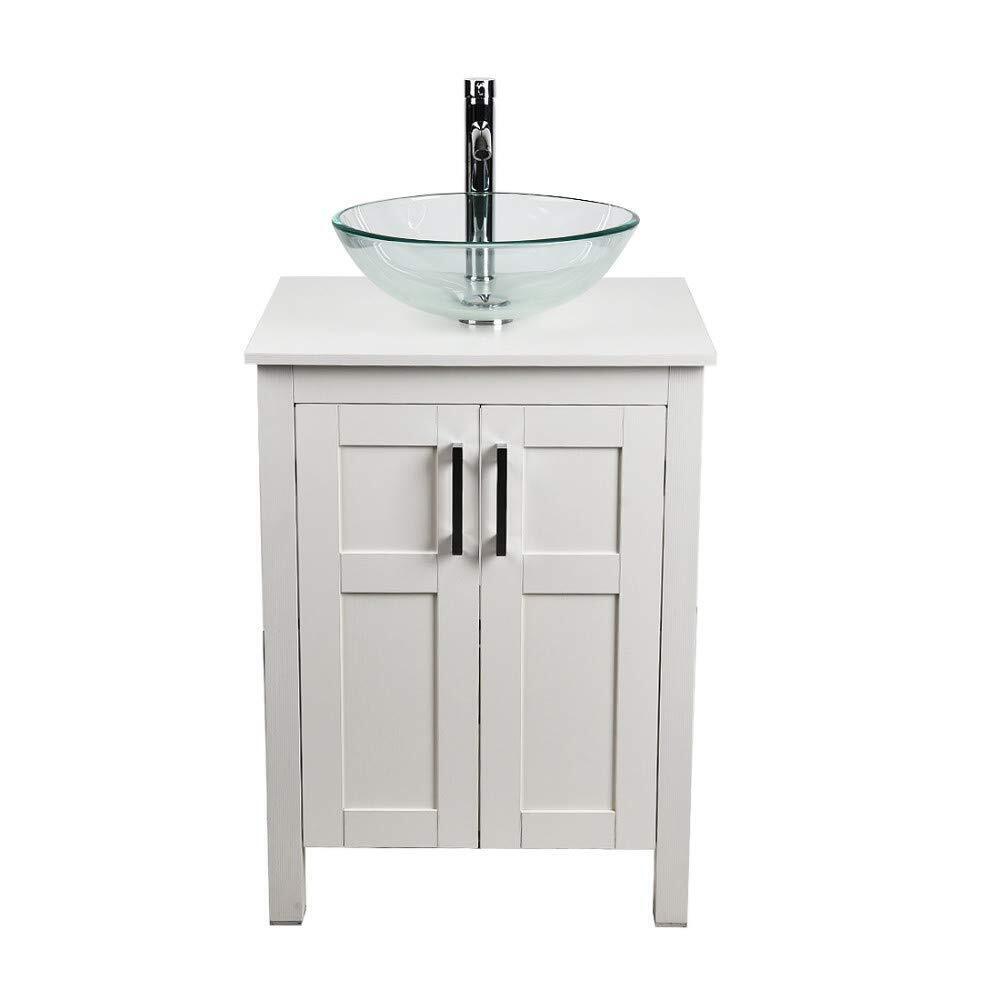 Elecwish White Bathroom Vanity and Clear Glass Sink Set HW1120-WH