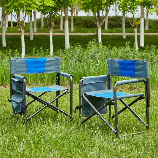 Elecwish 2-piece Padded Folding Outdoor Chair with Storage Pockets,Lightweight Oversized Directors Chair Blue/Grey