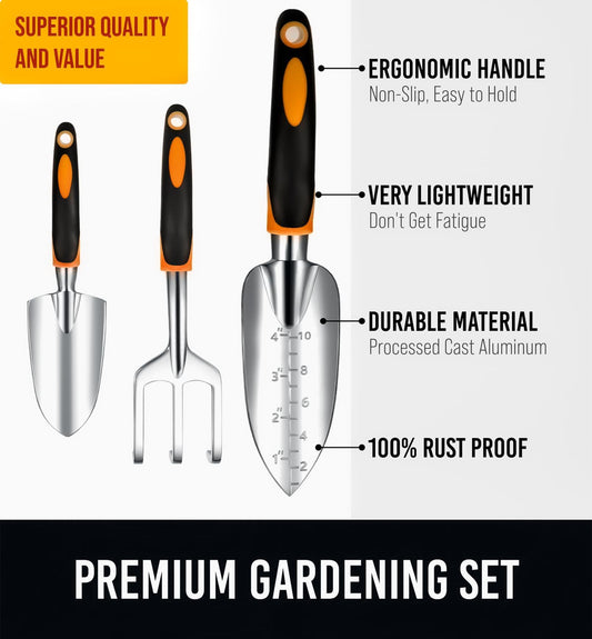 ELECWISH Essential Garden Tool Set - Includes Transplanter, Trowel, Rake, Storage Bag, and Gloves