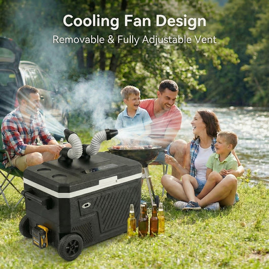 12 Volt Refrigerator, 48QT(45L) Portable Freezer with Air Cooler 12/24V DC 100-240V AC Tool Battery Interface, Car Refrigerator -4℉~68℉ for Camping, Fishing, Travel, Picnic RCB1008
