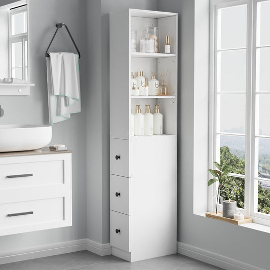 Tall Slim Bathroom Storage Cabinet with 3 Adjustable Shelves Free Standing Space Saver Cabinet with 3 Drawers for Living Room, Kitchen, White