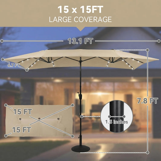 15ft Large Outdoor Rectangular Patio Umbrella with 36 Solar LED Light, Double Sided Outdoor Shade Umbrella with Crank Handle for Outside Deck,Backyard,Garden, without base
