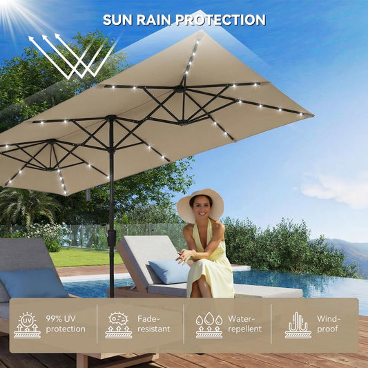 15ft Large Outdoor Rectangular Patio Umbrella with 36 Solar LED Light, Double Sided Outdoor Shade Umbrella with Crank Handle for Outside Deck,Backyard,Garden, without base