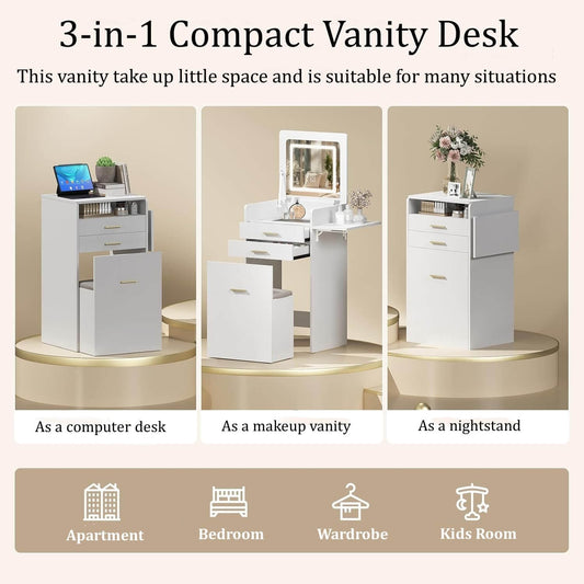 Small Vanity Desk Set with Flip-top Mirror and Lights White Integrated 3 in 1 Makeup Vanities Set for Compact Space Mini Dressing Table with Fold-up Panel and Storage Chair for Bedroom IF120