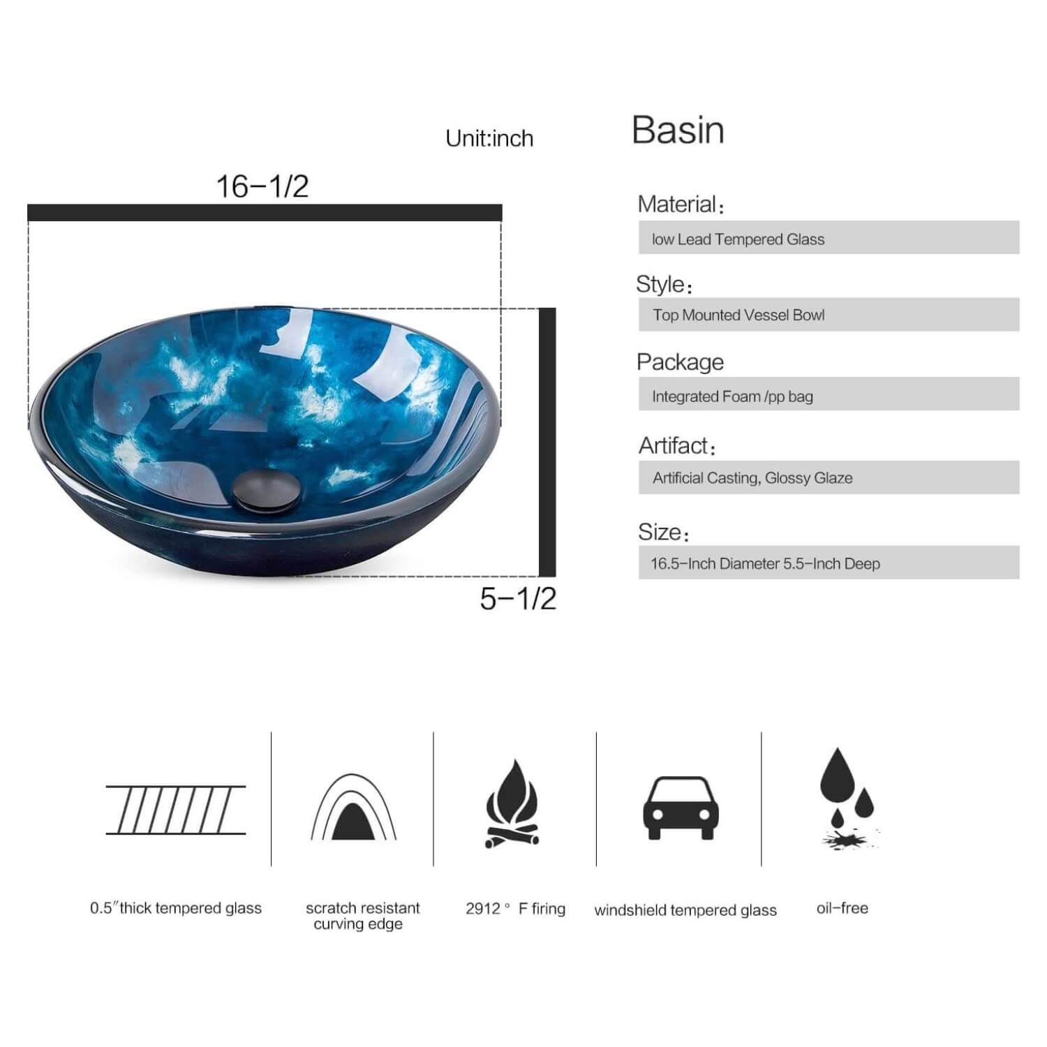 Elecwish blue glass sink size and specification