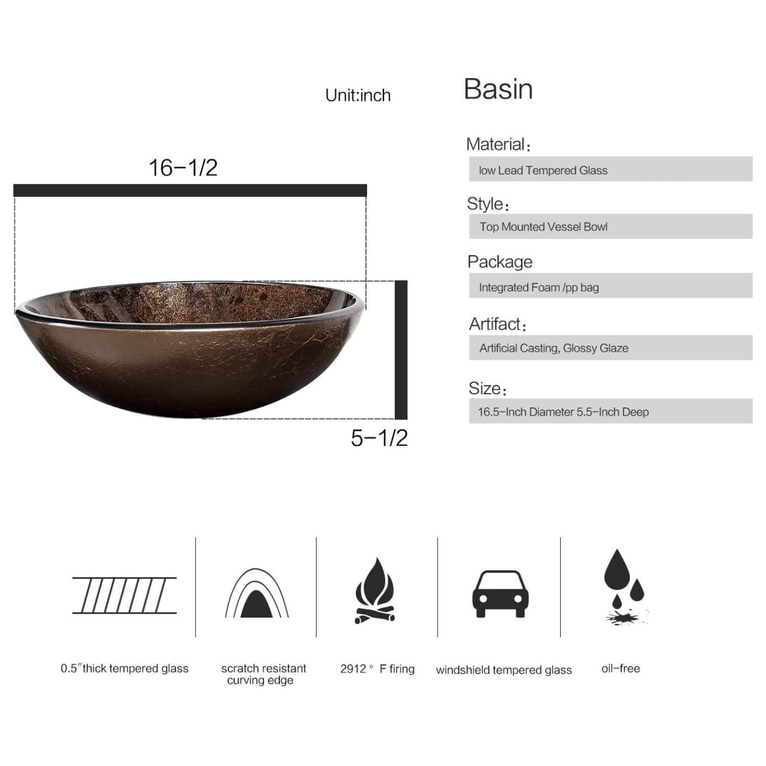 Elecwish brown glass sink size and specification