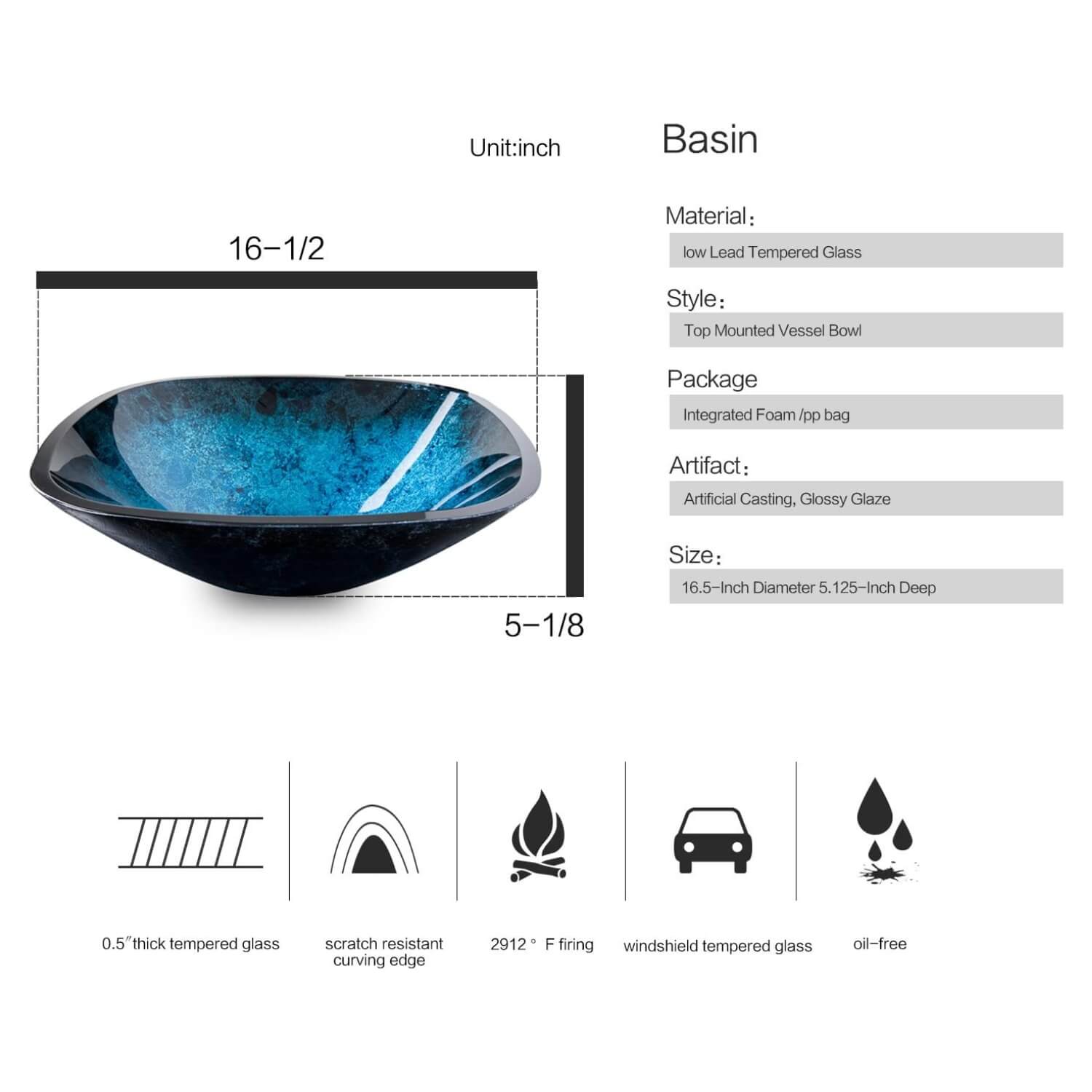 Descriptions of elecwish ocean blue glass sink