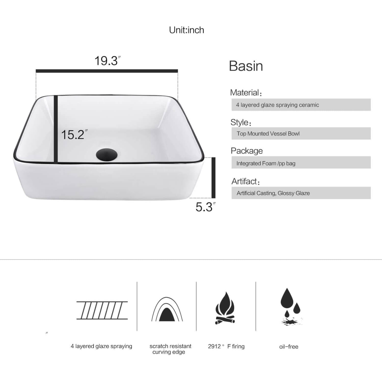 Elecwish white ceramic sink size and specification