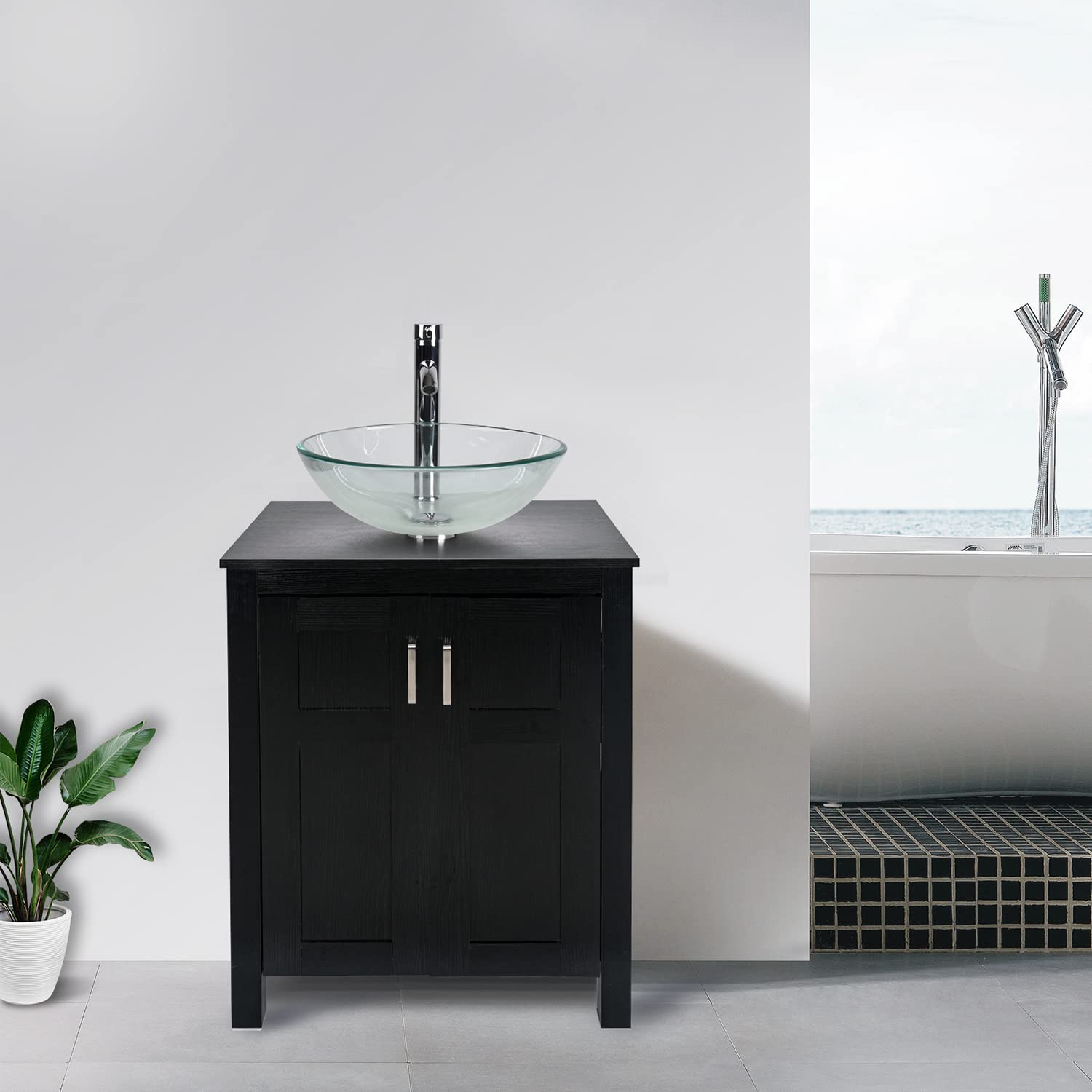 Black Bathroom Vanity Set with Clear Glass Vessel Sink HW1120 display scene