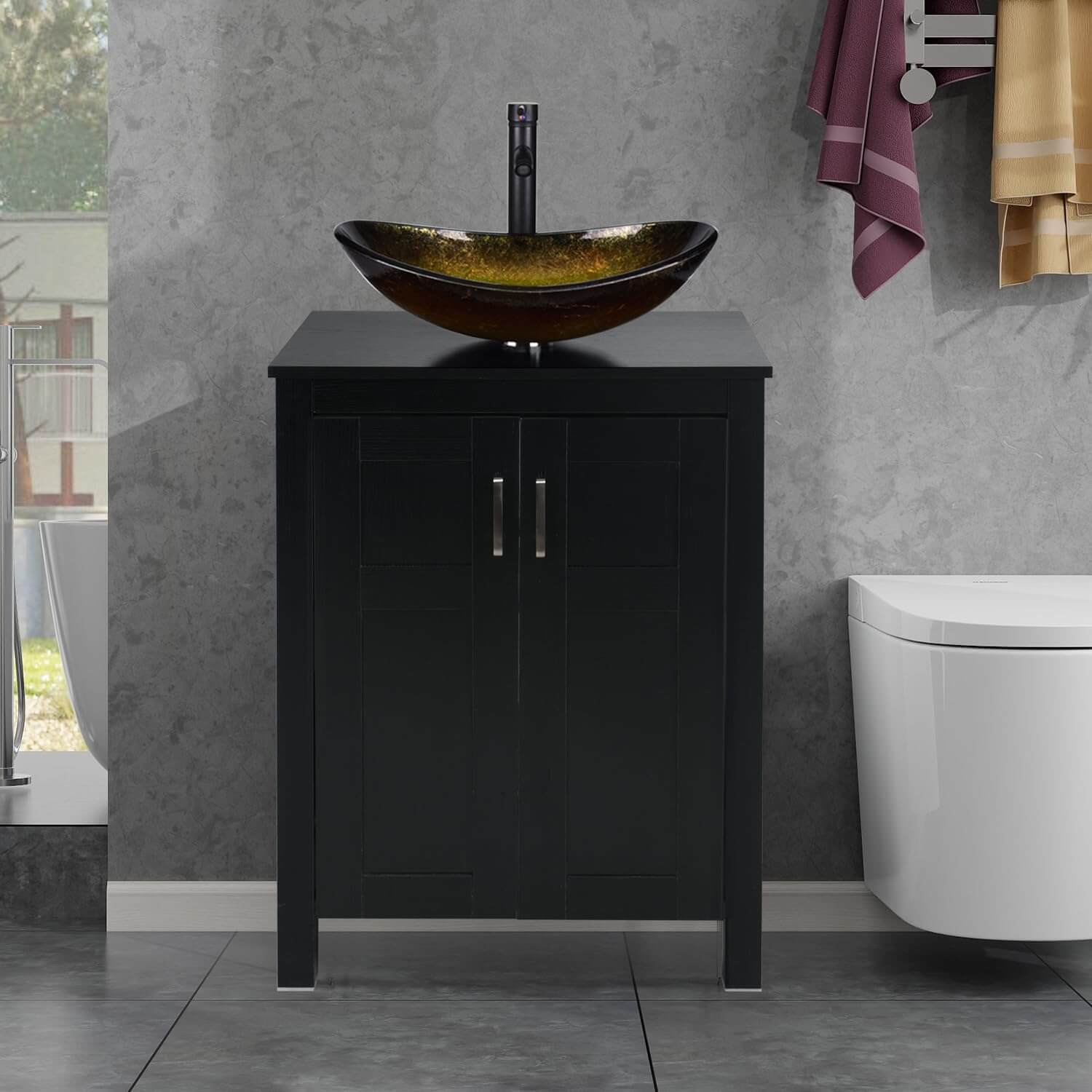 Black Bathroom Vanity Set with Gold Boat Vessel Sink HW1120 display scene