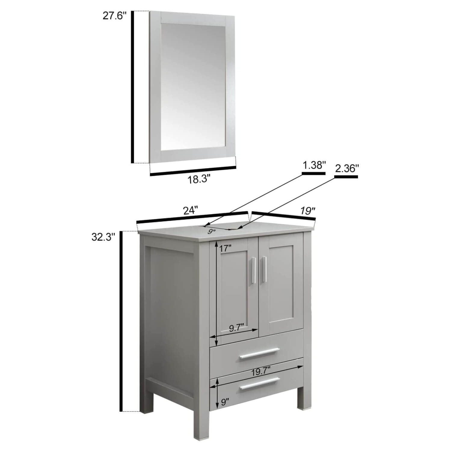 Elecwish 24-Inch Bathroom Vanity, Modern Wood Fixture Stand Pedestal Cabinet with Mirror, Grey size