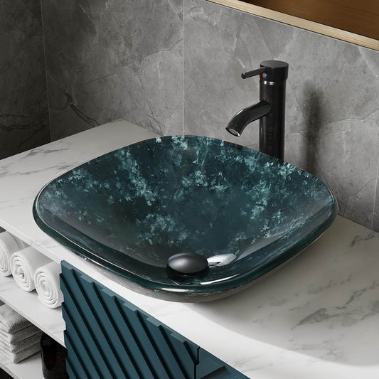 Artistic Vessel Sink, Bathroom Tempered Glass Vanity Square Bowl BA118