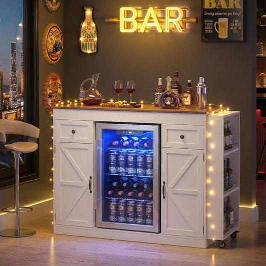 Coffee Bar Cabinet with Fridge Storage Space, Extendable &Black | Large Mini Fridge Cabinet with Pull-out Table, Sideboard Buffet with Drawers, Snack Bar Cabinet with Side