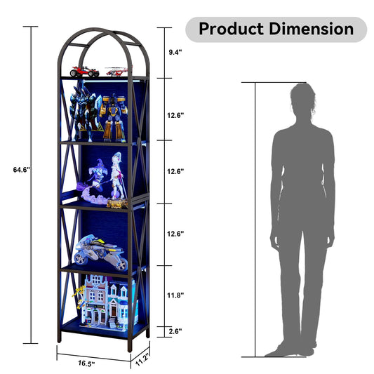 5-Tier Narrow Bookshelf with LED Light, 65" Storage Shelf Open Display for Bedroom, Gaming Room