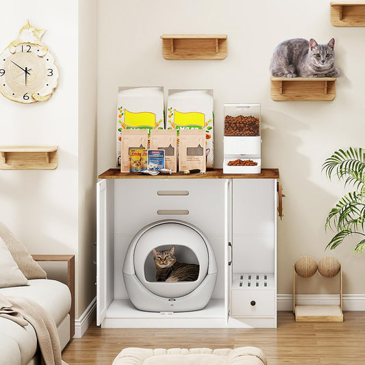 Litter Box Furniture Hidden, Cat Litter Box Enclosure Cabinet Large with Double Doors and Pull-Out Drawer for Self-Cleaning Litter Boxes, White