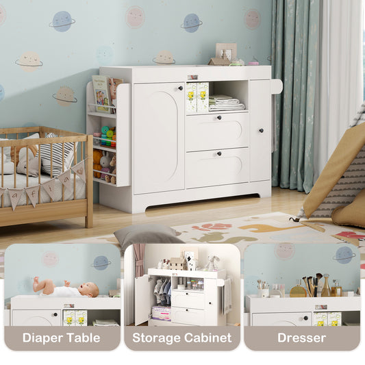 Changing Table Dresser with Drawers White Diaper Portable Changing Station Nursery Dresser with 2 Drawers & Clothes Hanger, Storage Crib with Change Table Top BW0001