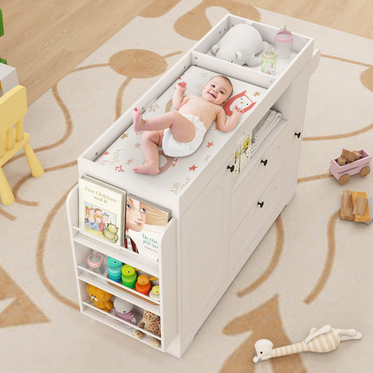 Changing Table Dresser with Drawers White Diaper Portable Changing Station Nursery Dresser with 2 Drawers & Clothes Hanger, Storage Crib with Change Table Top for Children’s Room BW0001