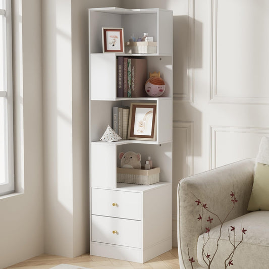 Corner Shelf with Light 5-Tier White Storage Cabinet with Drawers Modern Tall Bookshelf Stand for Living Room IF084