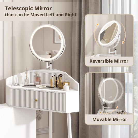Corner Makeup Vanity Desk with Retractable and Rotating Mirror and Lights Small Modern White Makeup Vanity Set with Glass Top for Women Compact Girls Dressing Table with Drawer for Small Space MVD8004