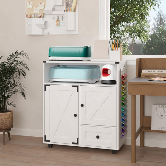 Craft Organizers and Storage Cabinet White Craft Table with Drawer Sewing Table with Fold Out Craft Desk for Vinyl Roll Holder for Craft Room IF173