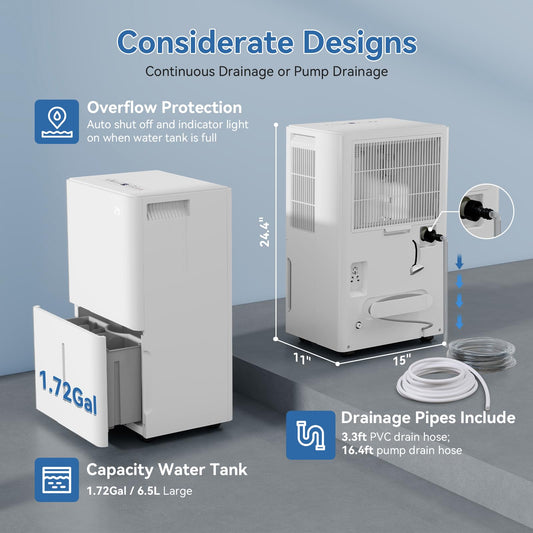105 Pints Dehumidifier with Pump, 5000 sq.ft Large Dehumidifiers with Drain Hose, 1.7 Gal Water Tank, Intelligent Humidity Control, Auto Shutoff, 24H Timer, for Bedroom, Basement, Large Room, Garage