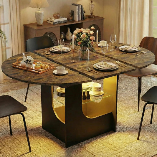 Extendable Dining Room Table for 4-8 with Lights | Oval & Round Variable, Modern Table with Hidden Leaf, Glass Storage Shelf for Kitchen Living Room, Rustic