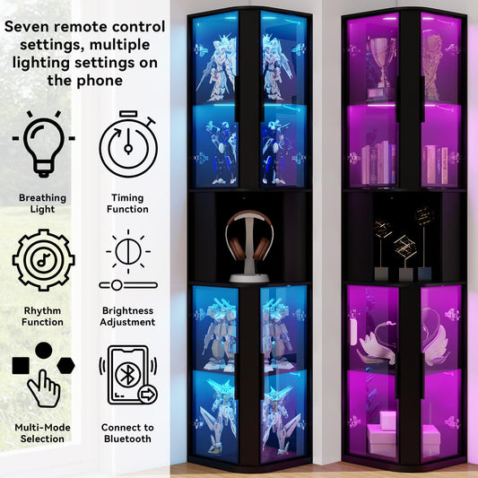 Glass Display Cabinet Doors 78‘’ Tall Corner Display Case with Lights for Collectibles 5-Tier Curio Storage Shelf for Toys, Books, Black IF179