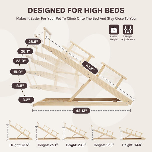 Dog Ramp for Bed Adjustable Ramps for Small Dogs to Get on Bed, Up to 28.5 Inches, 48'' Long,120lbs with Anti-Slip Grip & Safety Rail PA915