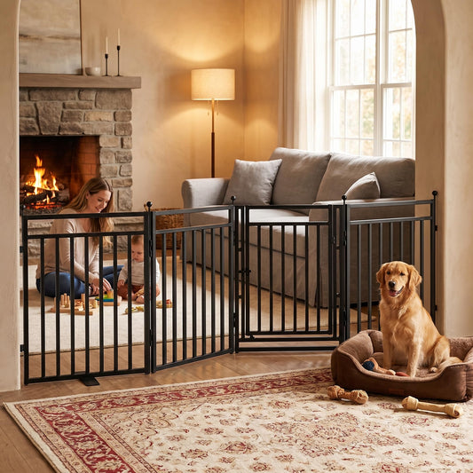 Freestanding Dog Gates for Doorways, 32"x144" Extra Tall & Wide, Foldable Dog Fence Indoor with Door for Deck,House,Stairs,Extra Wide, Snowblack