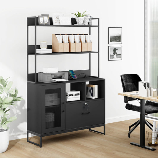 File Cabinet with Lock Vertical Filing Cabinets with Drawer and Charging Station Lateral File Organizer Modern Printer Stand with Open Storage Shelves for Home Office, Black OC045