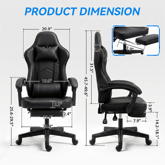 Ergonomic Gaming Chair, Reclining Computer Chair, Pure Black Widen Thicken Seat, Footrest, Lumbar Support, Headrest, Big and Tall, PU Leather, High Back Office Chair, Adults, Home Office