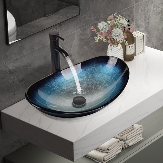 Bathroom Boat Shape Artistic Glass Vessel Sink Free Oil Rubbed Bronze Faucet and Pop-up Drain Set