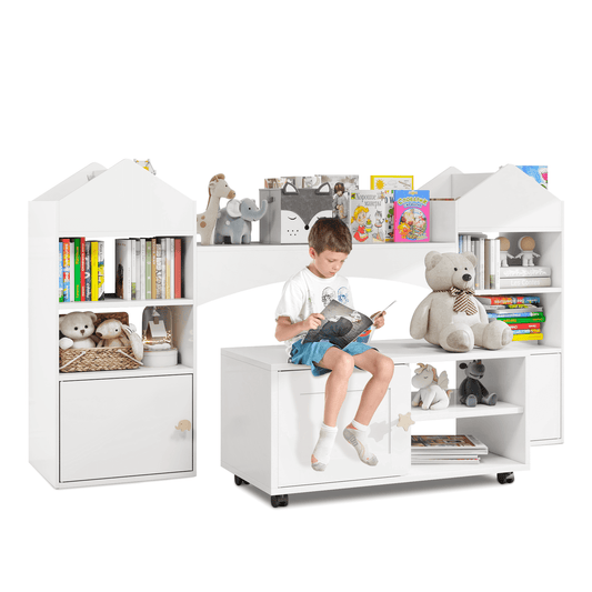 Kids Bookshelf and Toy Storage with Reading Nook Kid Bookcase with Desk and Organizer Cubbies Drawers 55'' White Large Child Book Shelves with Movable Stool for Children Bedroom BB013