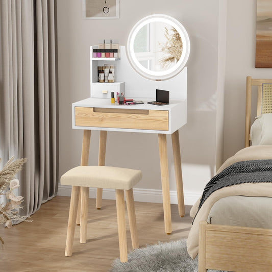 Small Makeup Vanity Desk Set with 3 Adjustable Lighted Mirror and Storage Shelf Tiny Makeup Vanities Set with Drawer for Bedroom 24 Inch Compact Dressing Table for Mini Space IF038