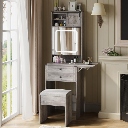 Farmhouse Small Vanity Desk Set with Mirror Cabinet Compact Makeup Vanities Set with 3 Adjustable Lights and Storage Chair for Compact Space, Gray Dressing Table with Fold-up Panel IF049
