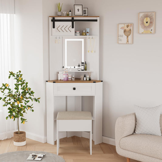 Small Vanity Desk Set with Lights and Mirror Makeup Vanities with Drawers for Corner Space White Farmhouse Make up Dressing Table with Storage Stool for Bedroom  IF056