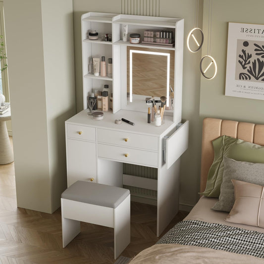 Vanity Desk with Mirror and Lights White Makeup Vanities Set with Storage Chair Dressing Table with Drawer and Fold-up Panel for Bedroom IF090