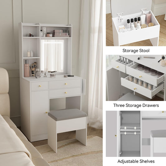 Vanity Desk with Mirror and Lights White Makeup Vanity Set with Storage Chair Dressing Table with Drawer and Fold-up Panel for Bedroom IF090