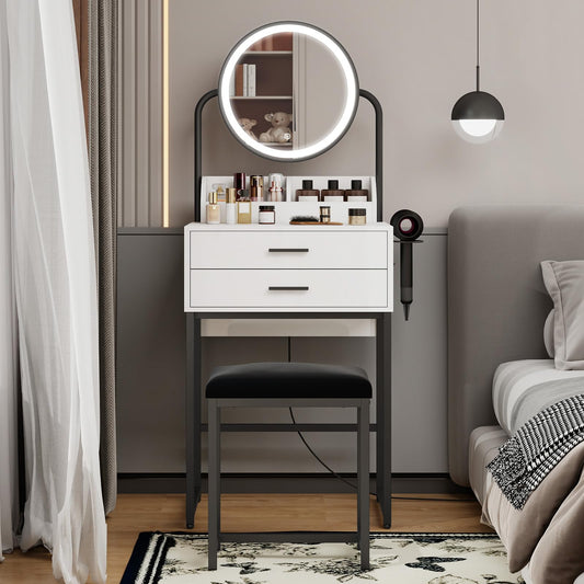 Small Vanity Desk with Mirror and Lights Compact Makeup Vanity Set with Drawers for Bedroom Mini White Modern Dressing Table with Stool IF095