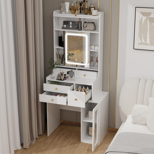 Small Vanity Desk with Sliding Mirror and Lights White Makeup Vanities Set with Drawers Compact Dressing Table with Cabinet and Adjustable Shelves for Bedroom IF099