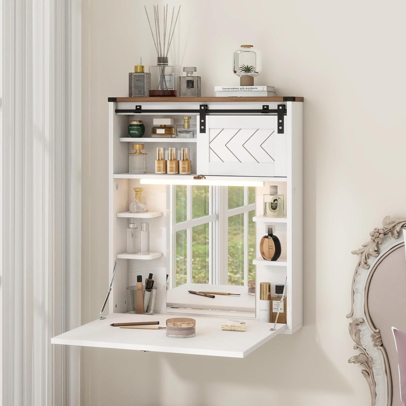 Floating Vanity Desk with Mirror and Lights Small Wall Mounted Makeup Set with Storage White Farmhouse Dressing Table for Tiny Space IF148/ White Floating Vanity Desk with Mirror and Lights Small Wall Mounted Makeup Set with Storage White Farmhouse Dressing Table for Tiny Space IF148/ White