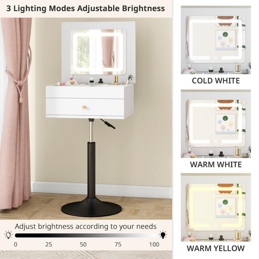 Small Vanity Desk with Adjustable Height Rotating 3 in 1 Flip Top Makeup Vanity with Mirror and Lights Mini Corner White Dressing Table for Bedroom IF181