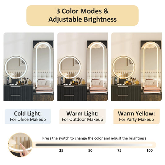 Makeup Vanity Desk with Full Length Mirror, Charging Station & Lights, Makeup Vanity with Glass Top Vanity, 3 Drawers and Storage Cabinet for Bedroom
