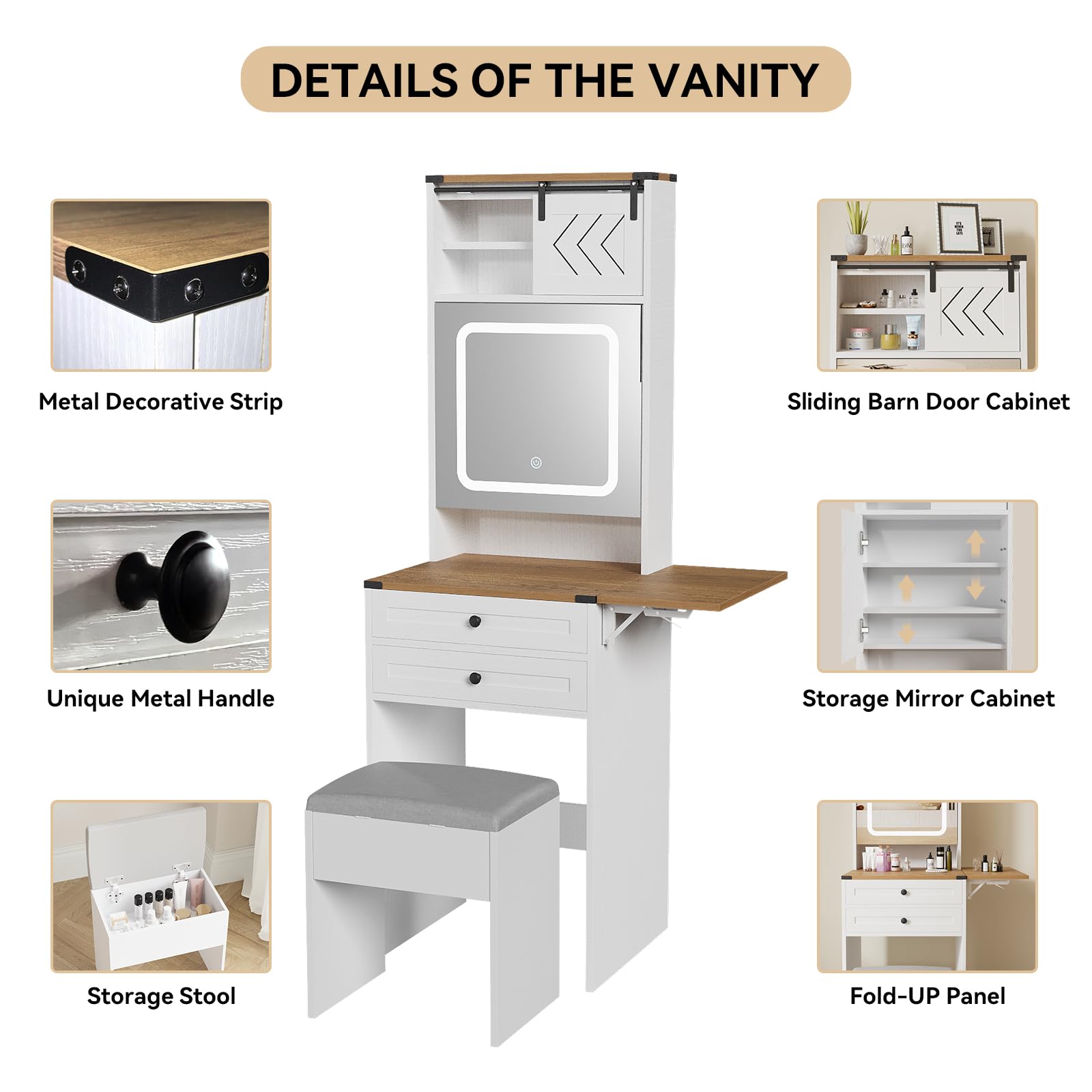 mini dresser table Farmhouse Small Vanity Desk Set with Mirror Cabinet Compact Makeup Vanities Set with 3 Adjustable Lights and Storage Chair for Compact Space, Gray